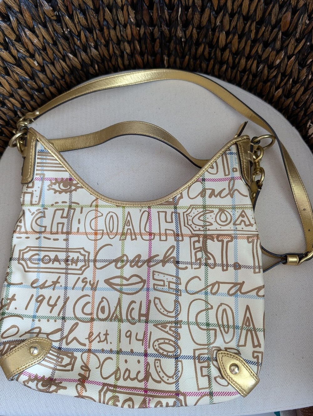 Coach Heritage Tattersall Gold Graffiti Hobo Bag